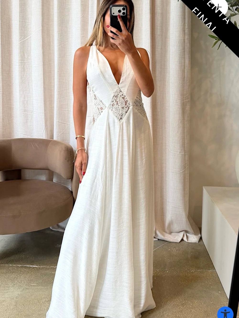 White Lace-Inset V-Neck Maxi Dress